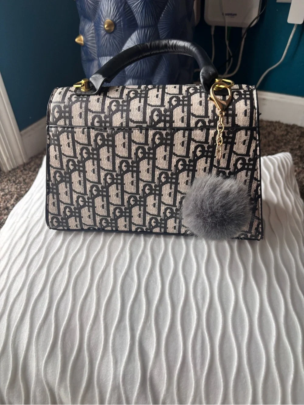Inspired Dior bag Black and Beige Logo Top-Handle Satchel with Gold 'D' Accent